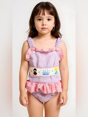 Classic Southern Smocks Girls Pink & Lavender Smocked One-Piece Swimsuit
